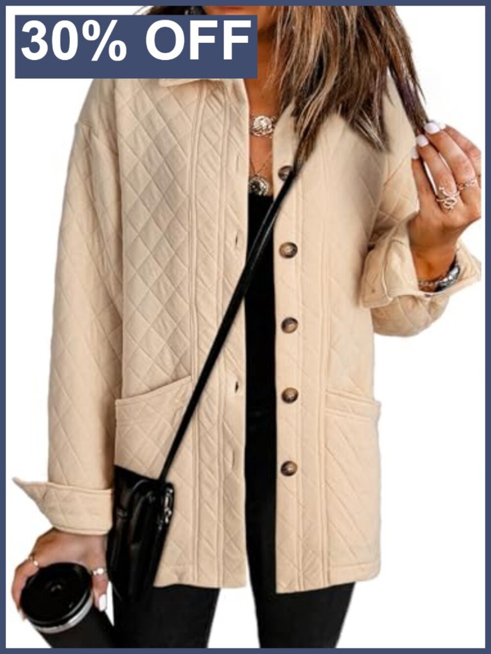 Quilted Button Down Collared Long Sleeve Casual Coat with Pockets